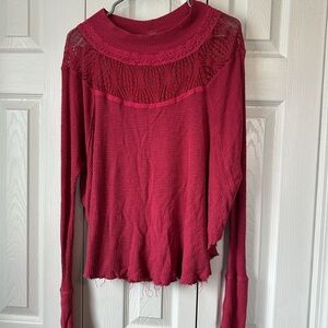 Free People Burgundy Lace Long Sleeve Top
